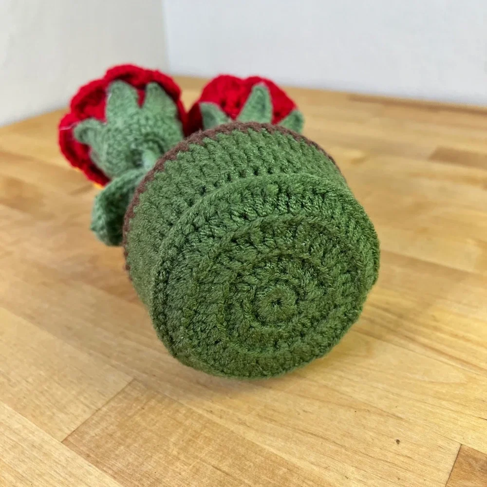 Handmade Crochet Sunflower and Red‎ Roses Potted Plant Decor Floral Cottagecore